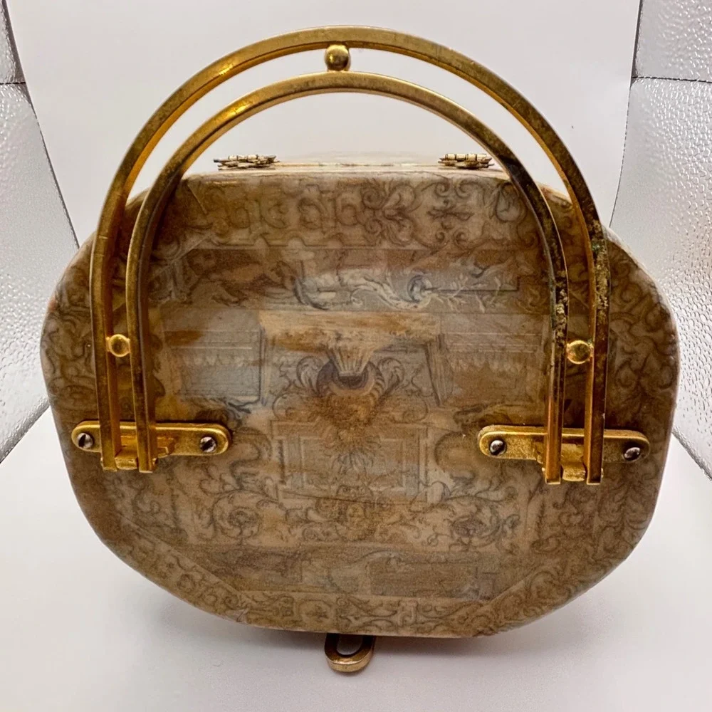 Vintage Decoupage Wood Purse Metal Handle Lined Metal Latch Greek God Design